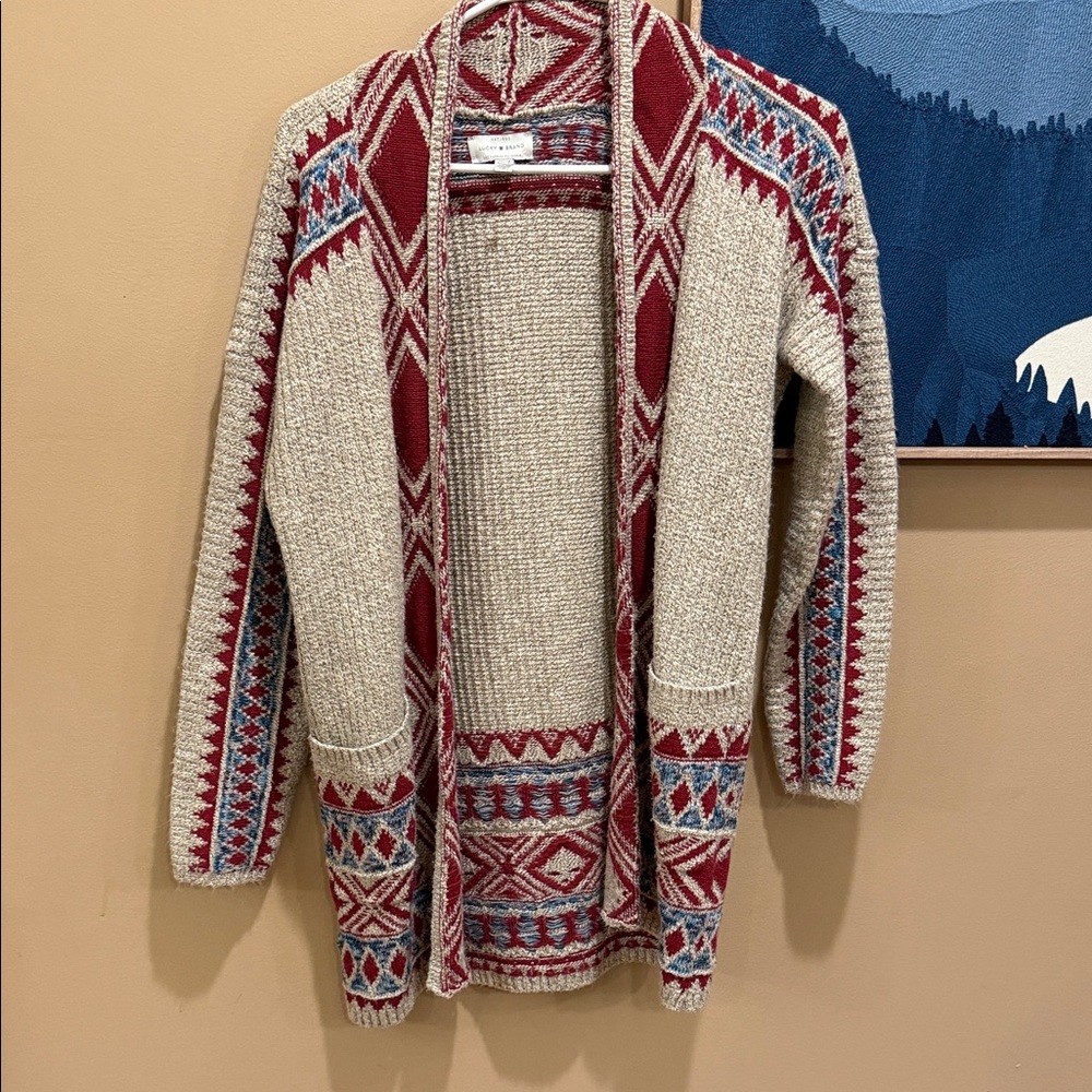 Lucky Brand  Aztec pattern Red and Cream woman's  long Sweater w/ pockets